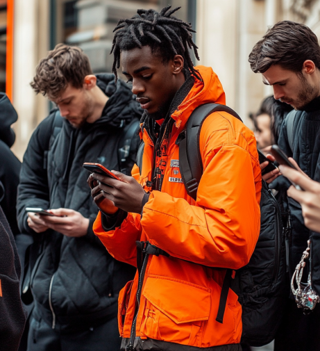 Guy in an orange jacket holding a Samsung Galaxy S24 with a red case