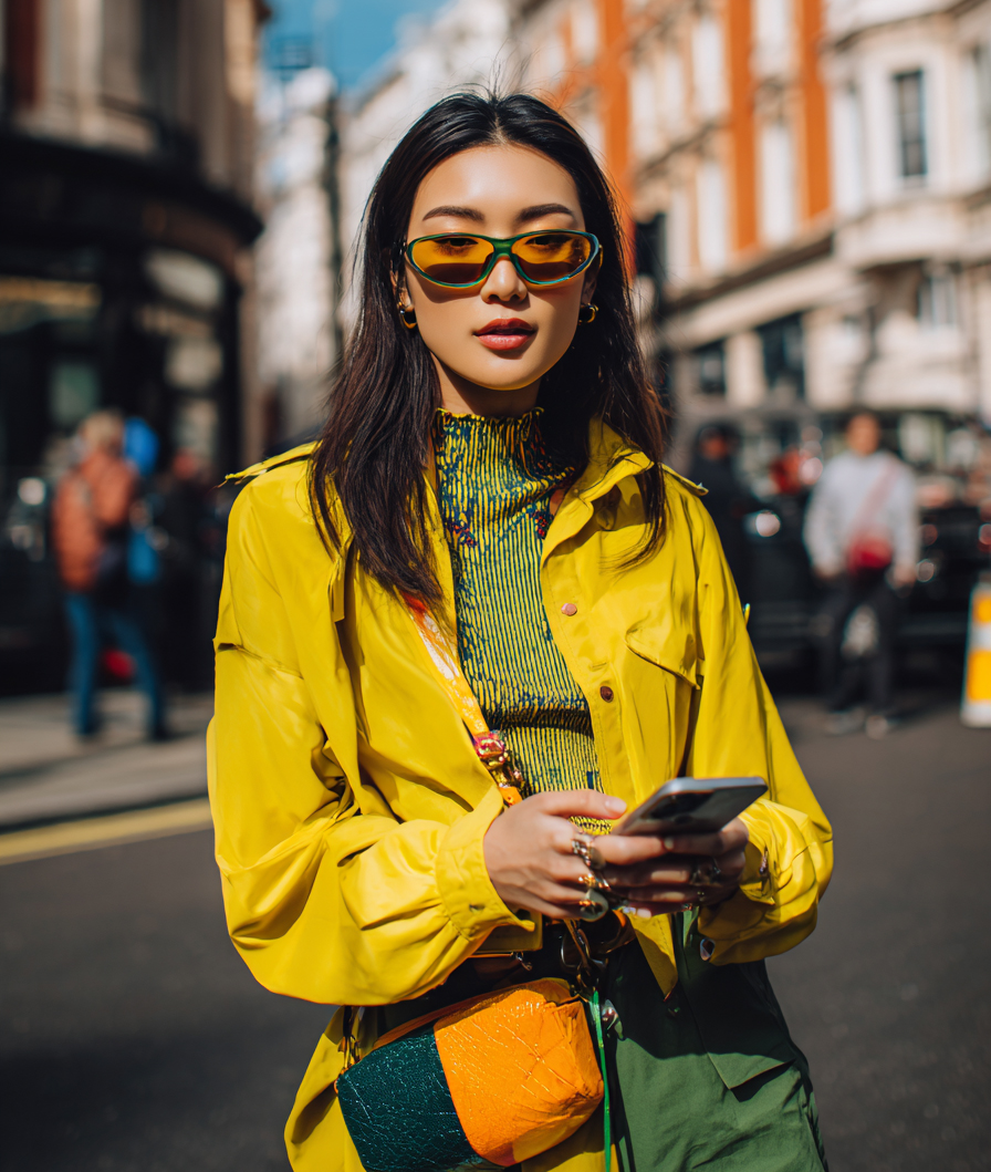 A fashionable woman with an iPhone 17 Pro Max wearing a yellow top in a London street.