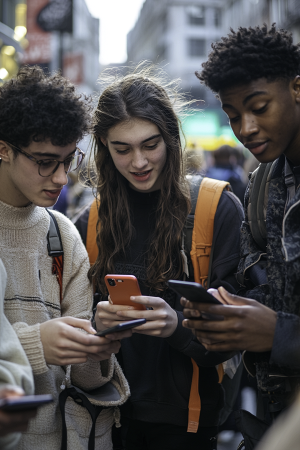 Group of students looking at new phones after selling their Samsung S20 phones to Mazuma