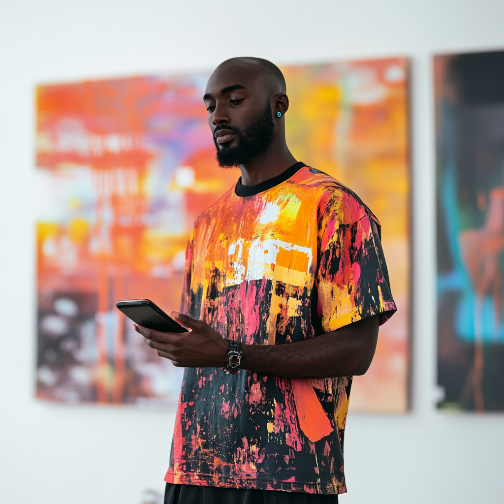 Man in an art gallery with Samsung Galaxy S20+