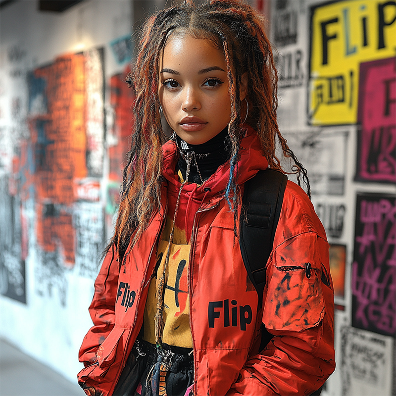 Samsung Galaxy Z Flip womain in mazuma orange flip jacket.