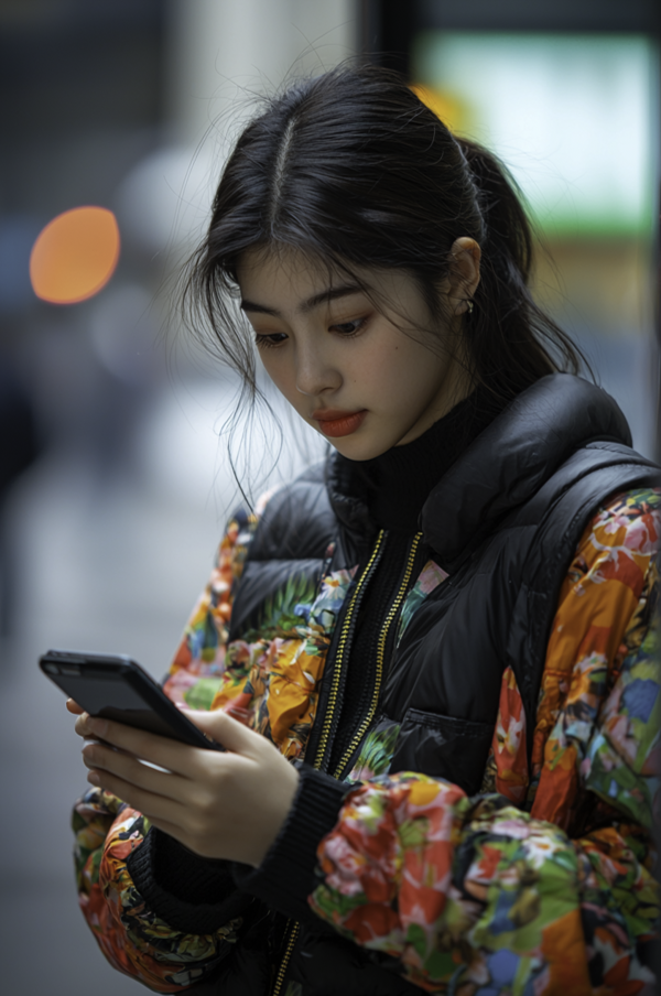 Young girl looking at her new phone