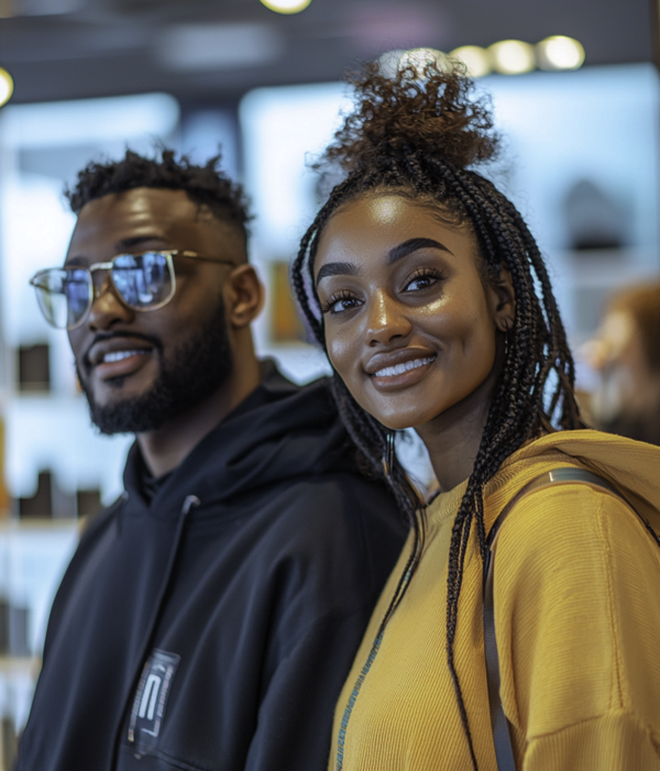 A couple in a phone store after selling their Samsung S22 to Mazuma