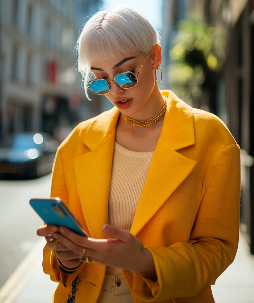 Girl in an yellow jacket holding a Samsung Galaxy S25 in London