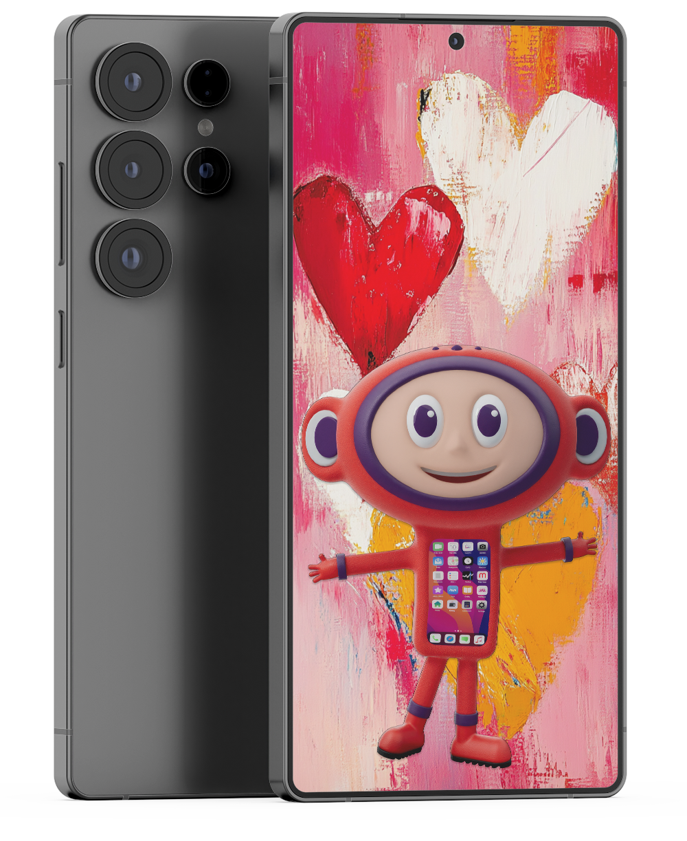 Front and back of a Samsung Galaxy S25 Ultra with Maz and painterly hearts