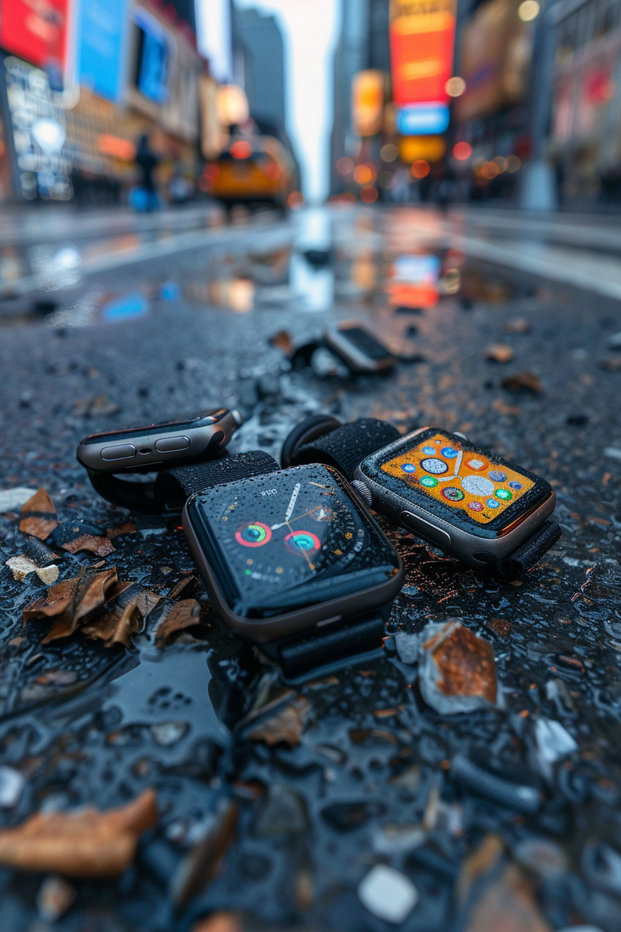 Three smart watches good, poor and faulty, ready for recycling.