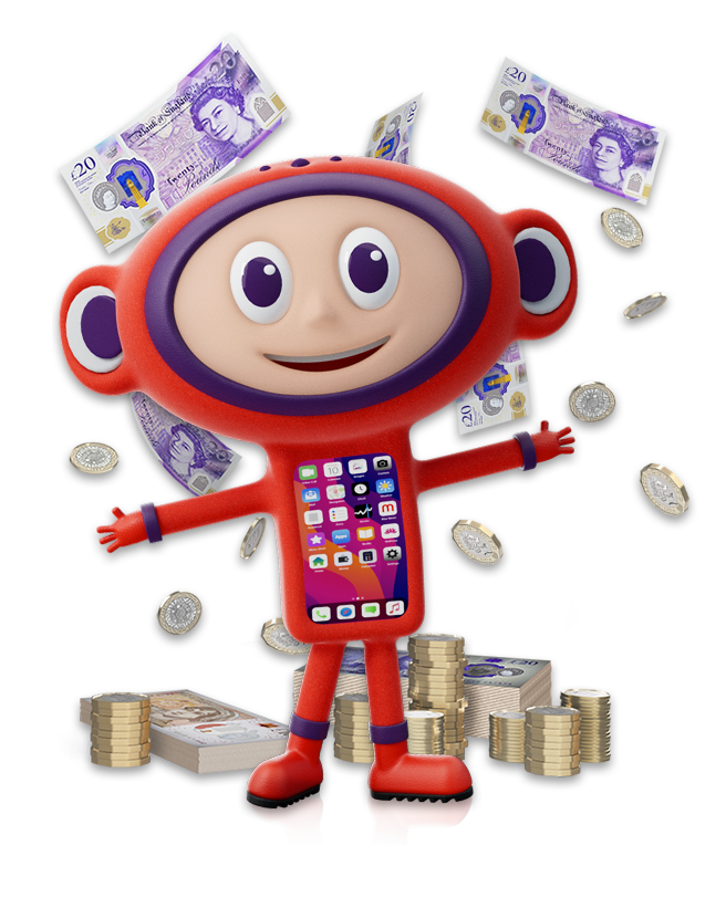 Maz surrounded with coins and cash notes